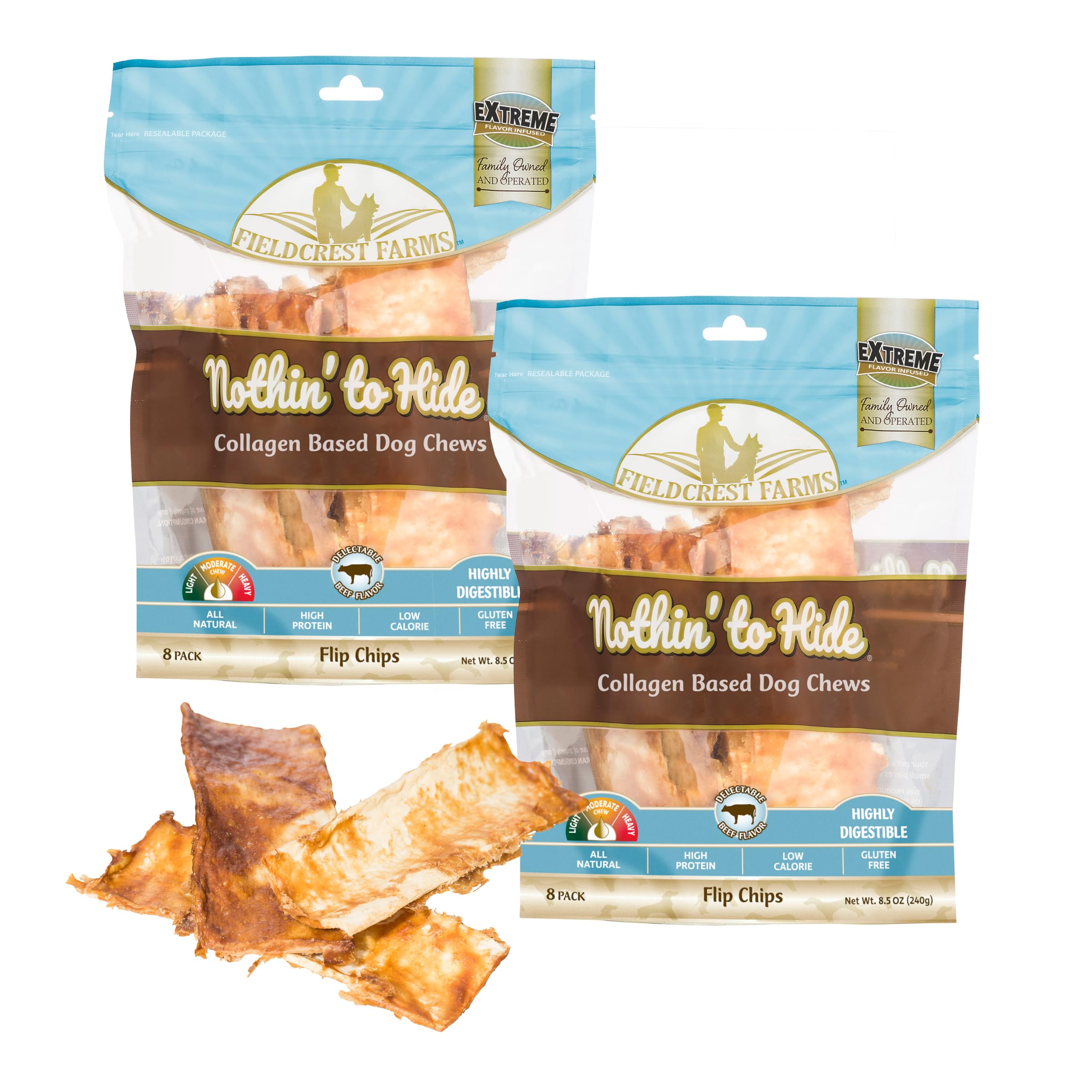 Fieldcrest Farms Nothin' to Hide beef flavor flip chips in pack for long-lasting chews