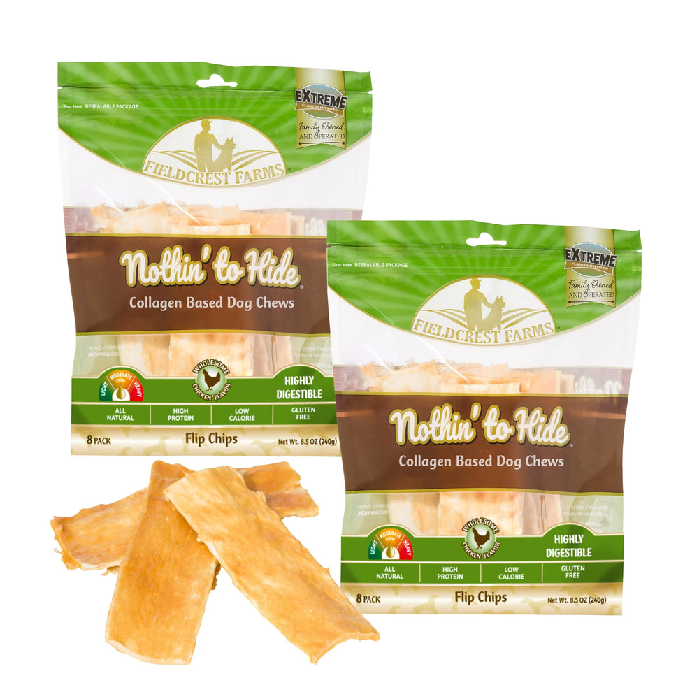 Fieldcrest Farms Nothin' to Hide Flip Chips chicken flavor pack front for long-lasting chew.