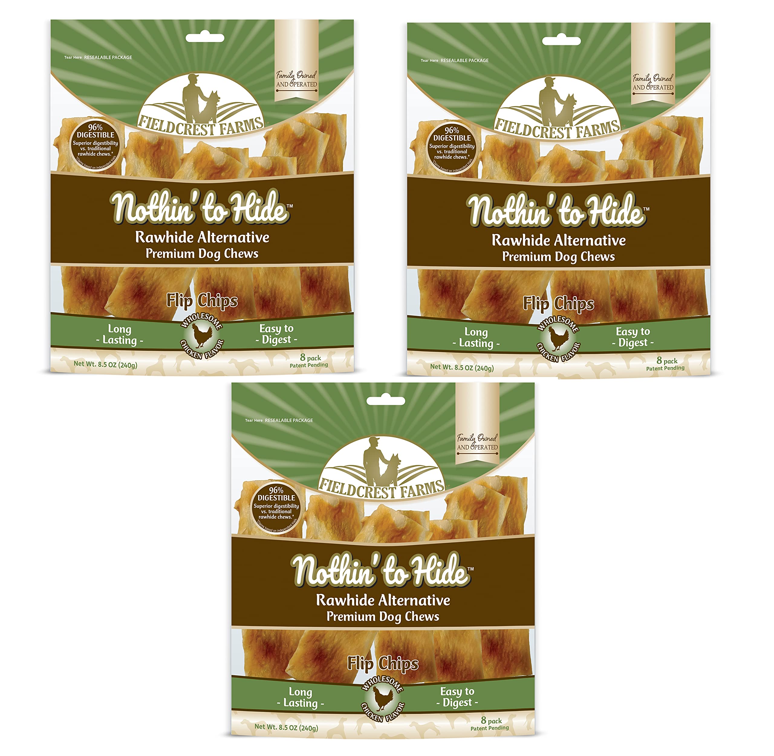 Fieldcrest Farms Nothin to Hide Flip Chips chicken bag front highlights rawhide-free dog treats