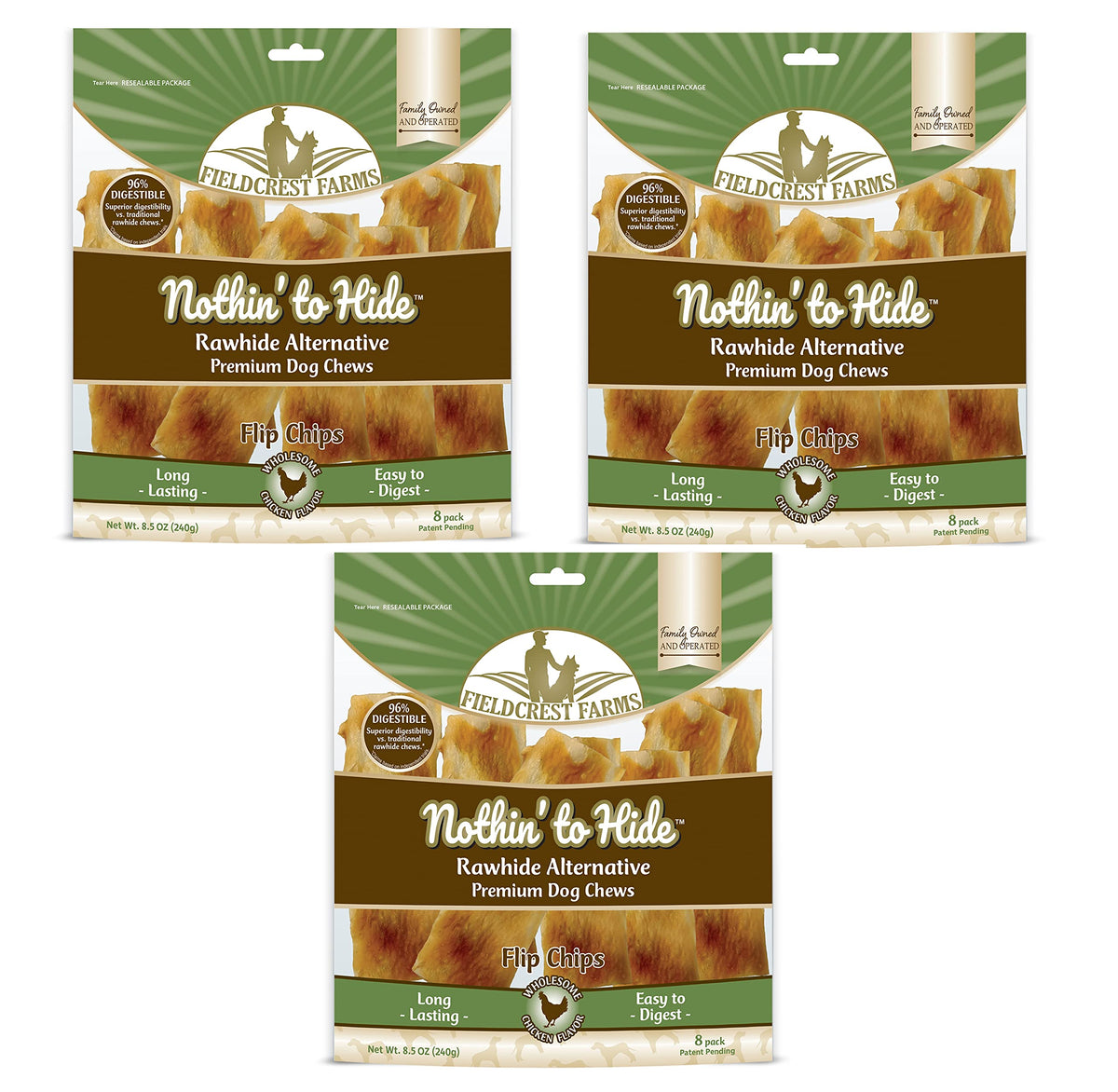 Fieldcrest Farms Nothin to Hide Flip Chips chicken bag front highlights rawhide-free dog treats