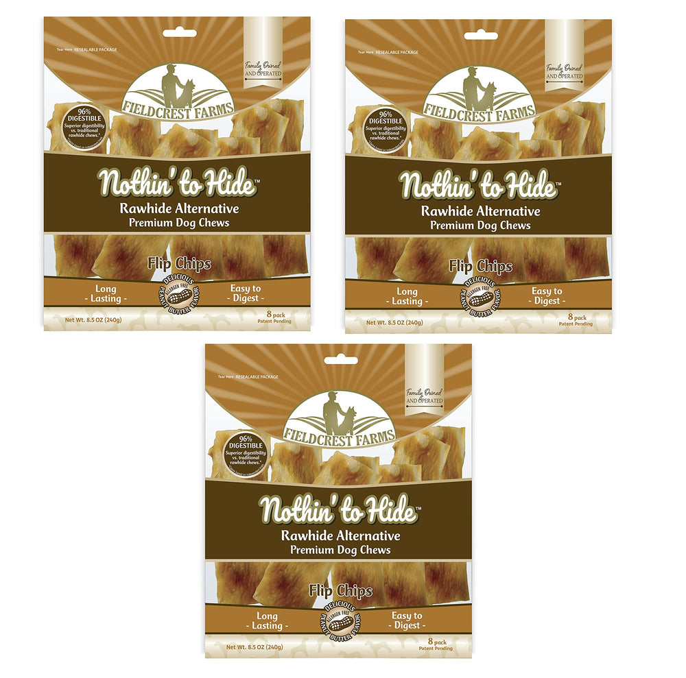 Fieldcrest Farms Nothin to Hide flip chips peanut butter 3-pack on display for dogs.
