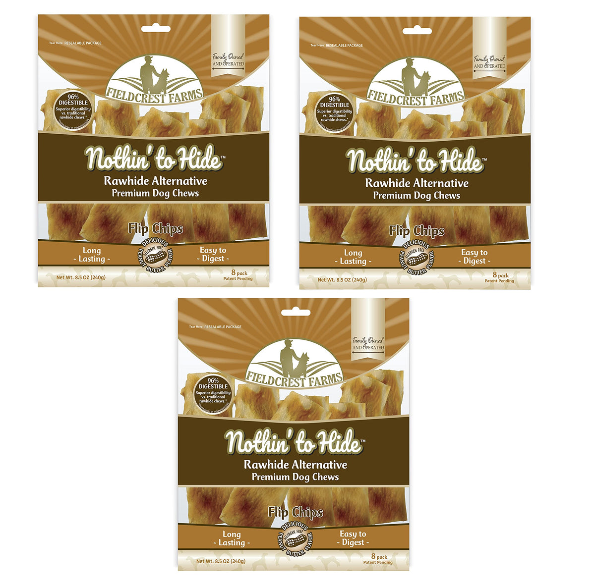 Fieldcrest Farms Nothin to Hide flip chips peanut butter 3-pack on display for dogs.