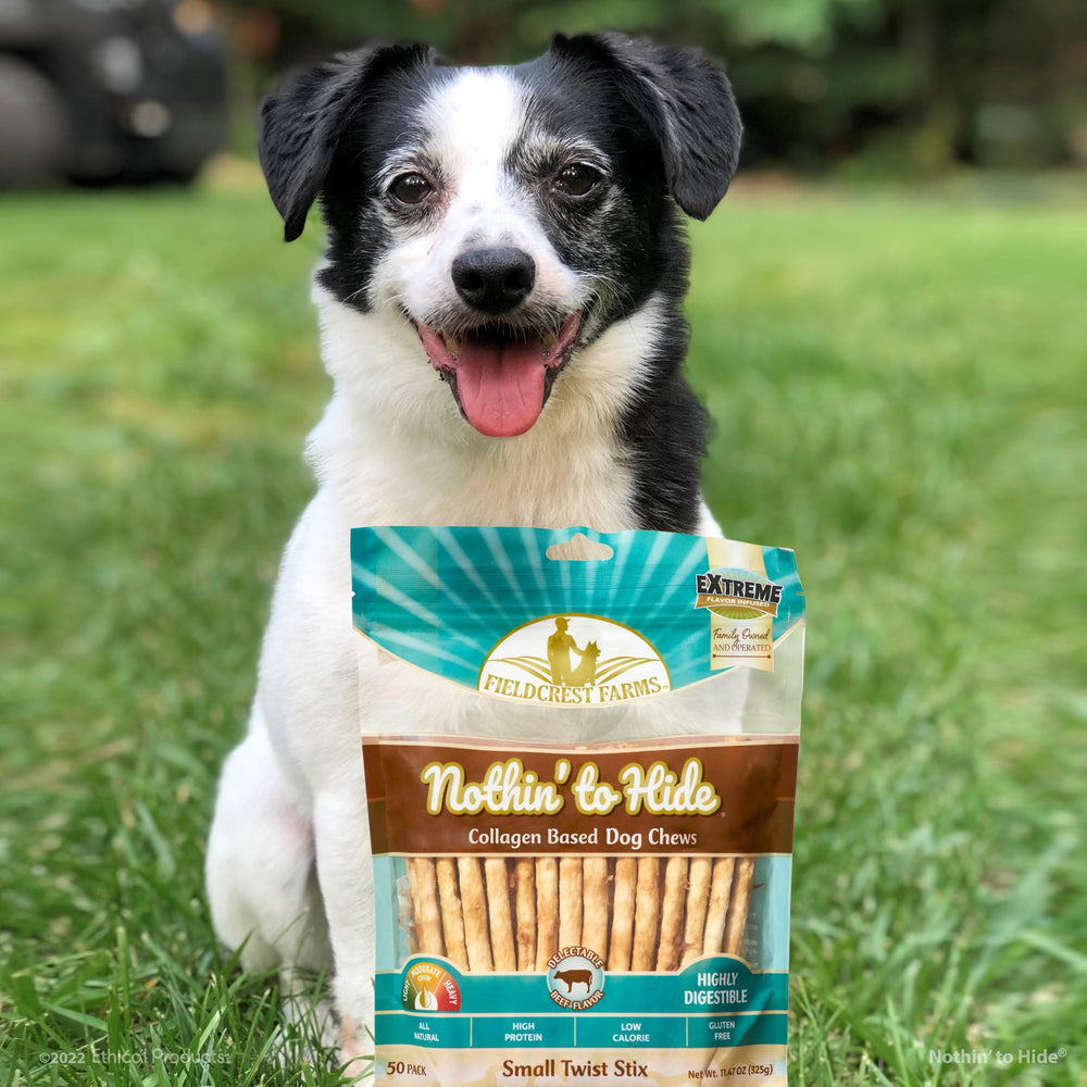Close-up of Twist Stix texture showing chewy, digestible bite for under-15-lb dogs.