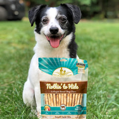 Close-up of Twist Stix texture showing chewy, digestible bite for under-15-lb dogs.