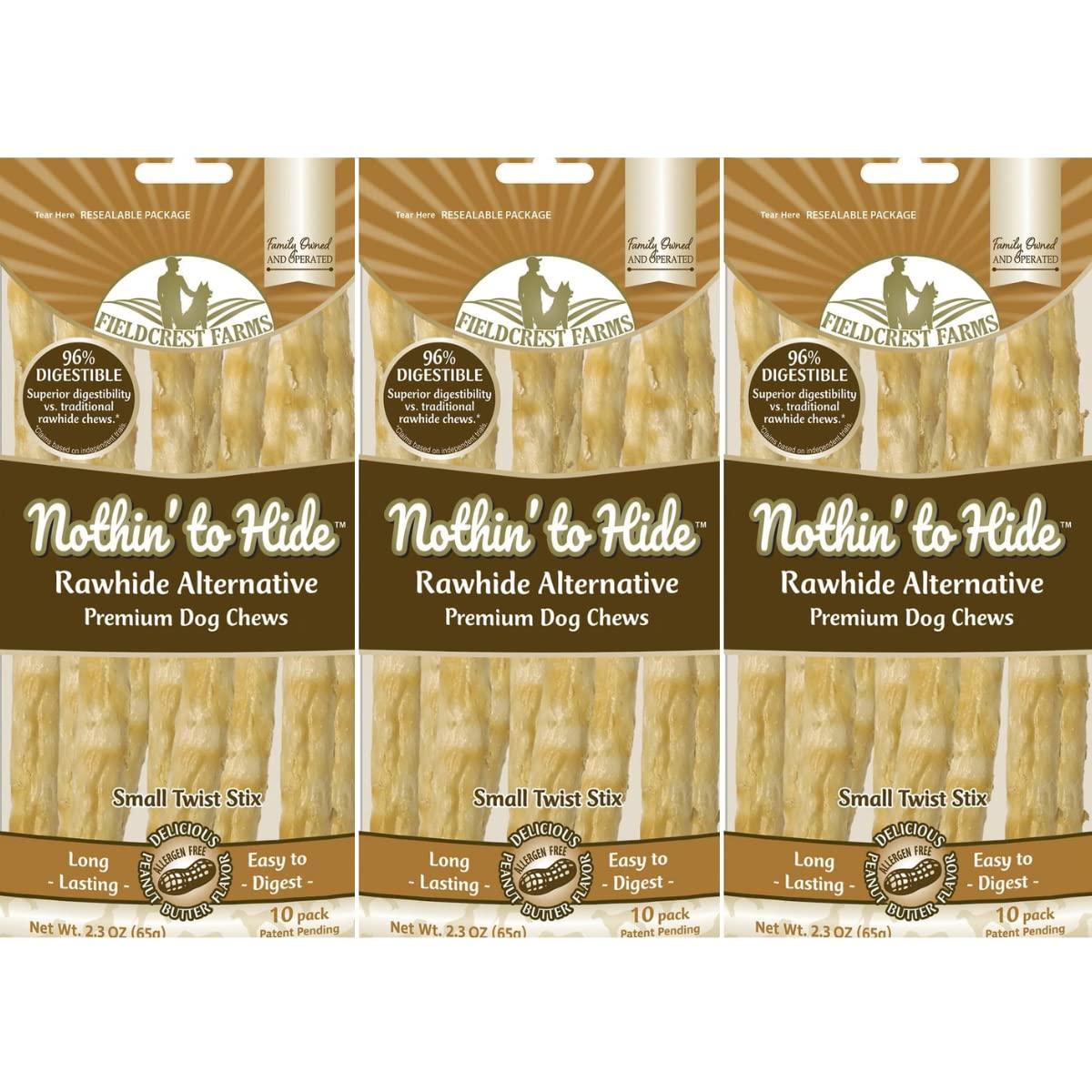 Fieldcrest Farms Nothing to Hide Twist Stix peanut butter pack front view, tasty chew for dogs