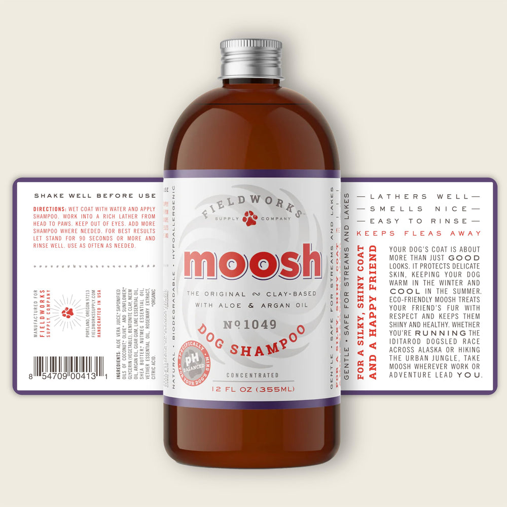 Fieldworks MOOSH bottle displays argan oil for deep coat conditioning