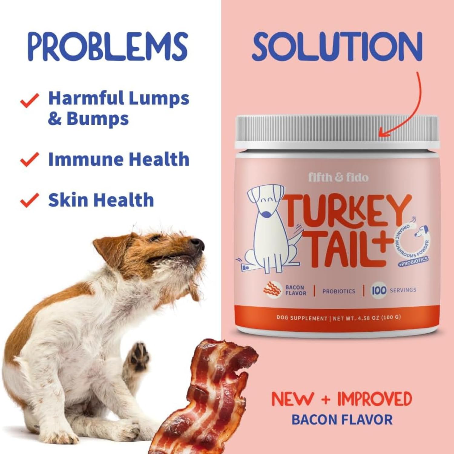 Fifth & Fido reishi dog supplement bottle signals vitality support and wellbeing.