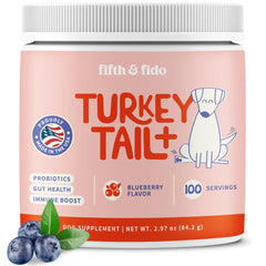 Fifth & Fido turkey tail dog supplement powder supports immune health when mixed into meals.