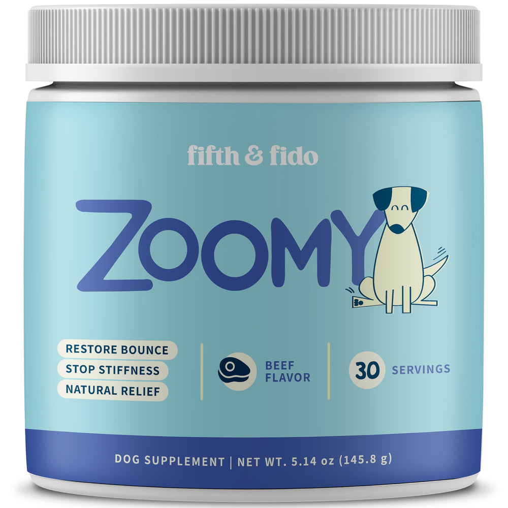 Fifth & Fido Zoomy joint supplement topper supports daily mobility for active dogs.