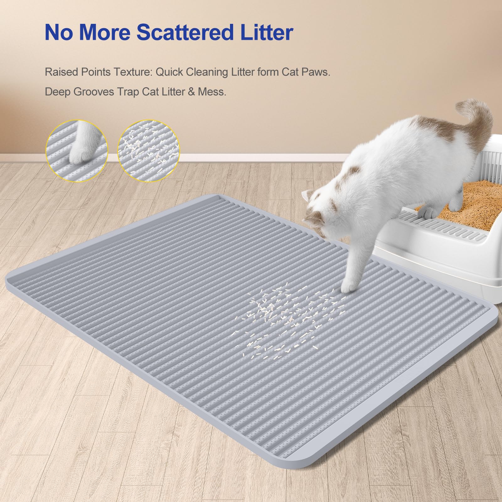 Filmicy raised-point texture design captures litter as cats step out.