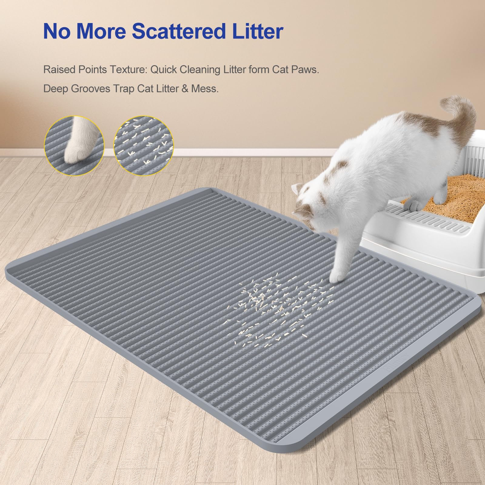 Filmicy silicone litter mat with raised texture traps litter from paws.