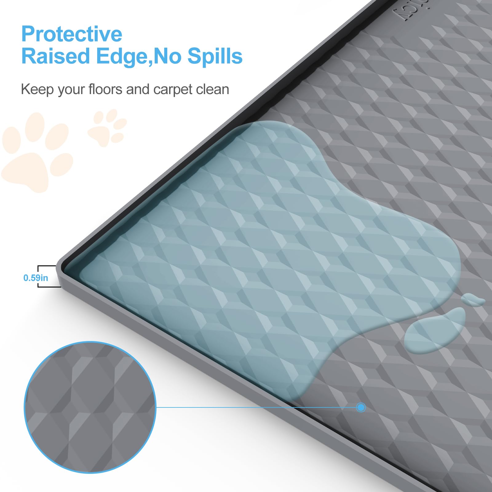 Filmicy no-spill raised lip protects floors during house training.