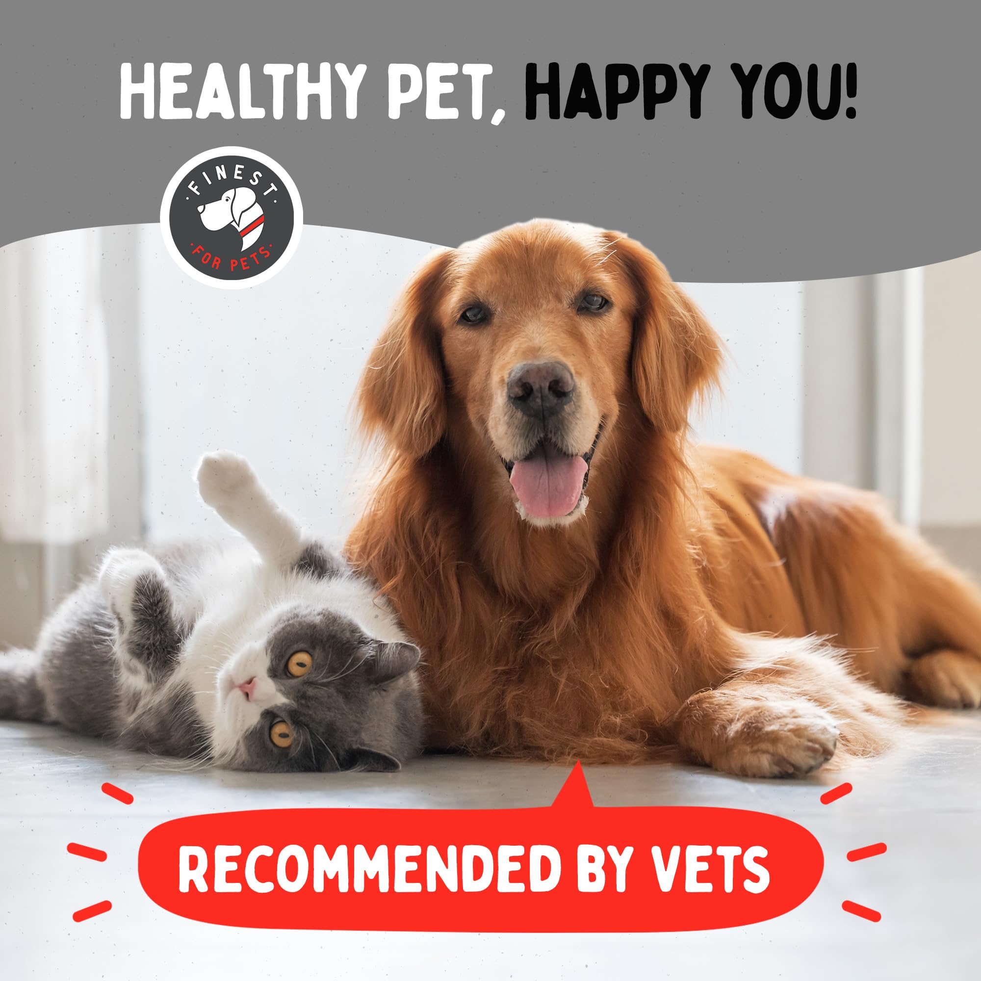 Finest For Pets EPA-DHA fish oil bottle on shelf supporting skin and coat health.