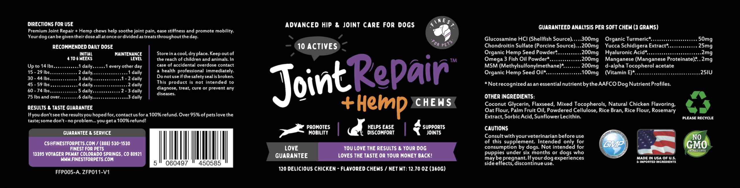 Finest For Pets Joint Repair chew close-up with hemp and turmeric notes
