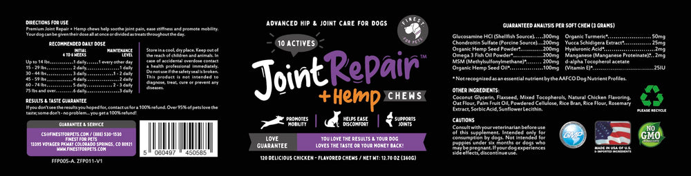 Finest For Pets Joint Repair chew close-up with hemp and turmeric notes