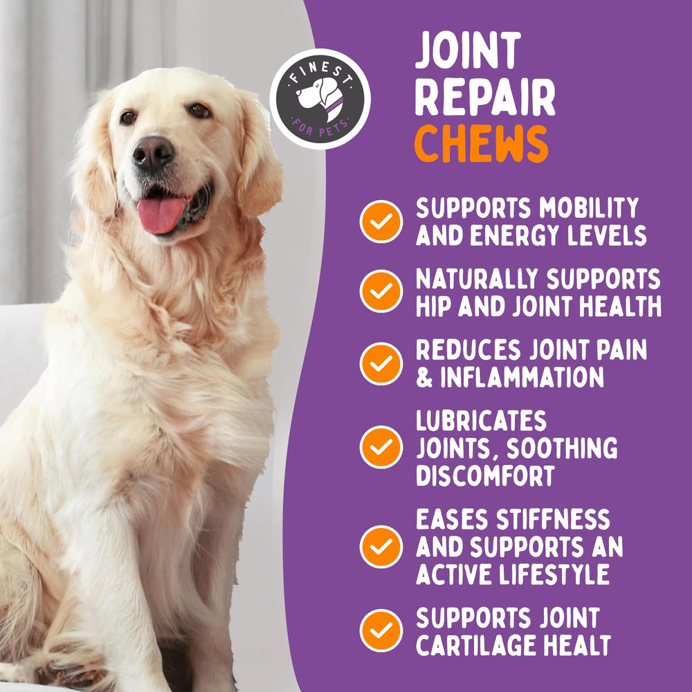 Finest For Pets Joint Repair label close-up highlighting key ingredients for canine joints