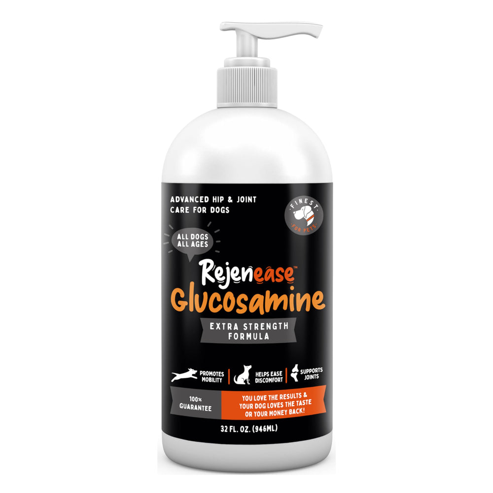 Finest For Pets liquid glucosamine bottle provides canine joint support