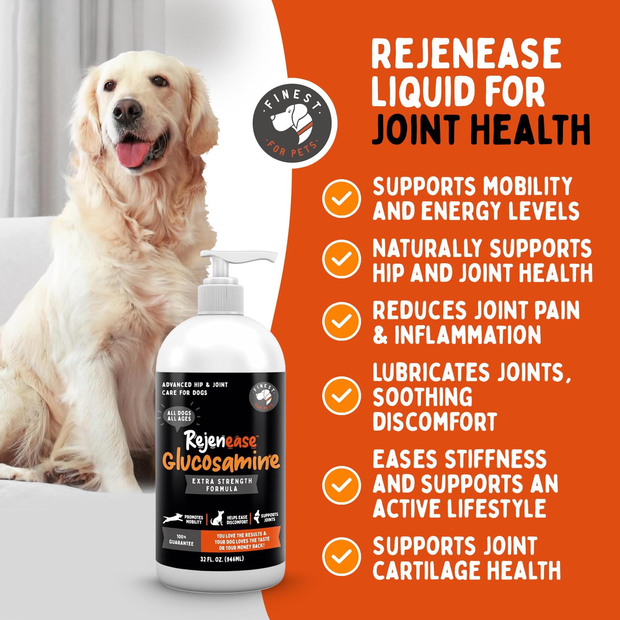 Finest For Pets label shows glucosamine, chondroitin, MSM benefits
