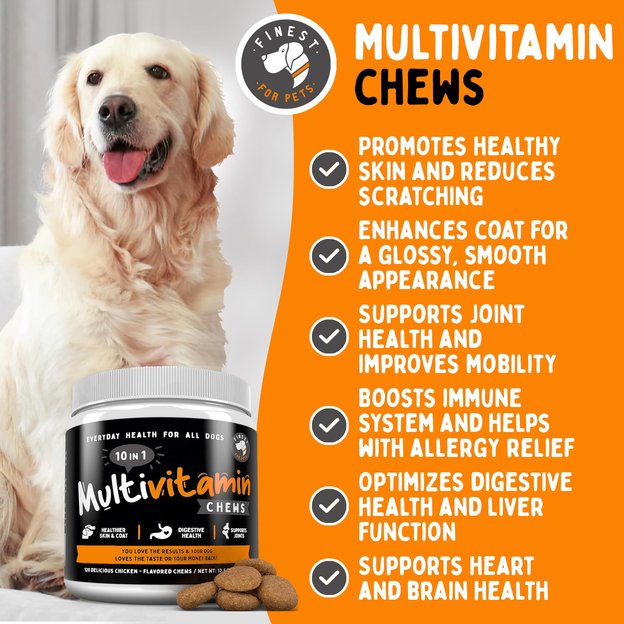 Finest For Pets dog chews close-up showing chicken flavor for daily wellness