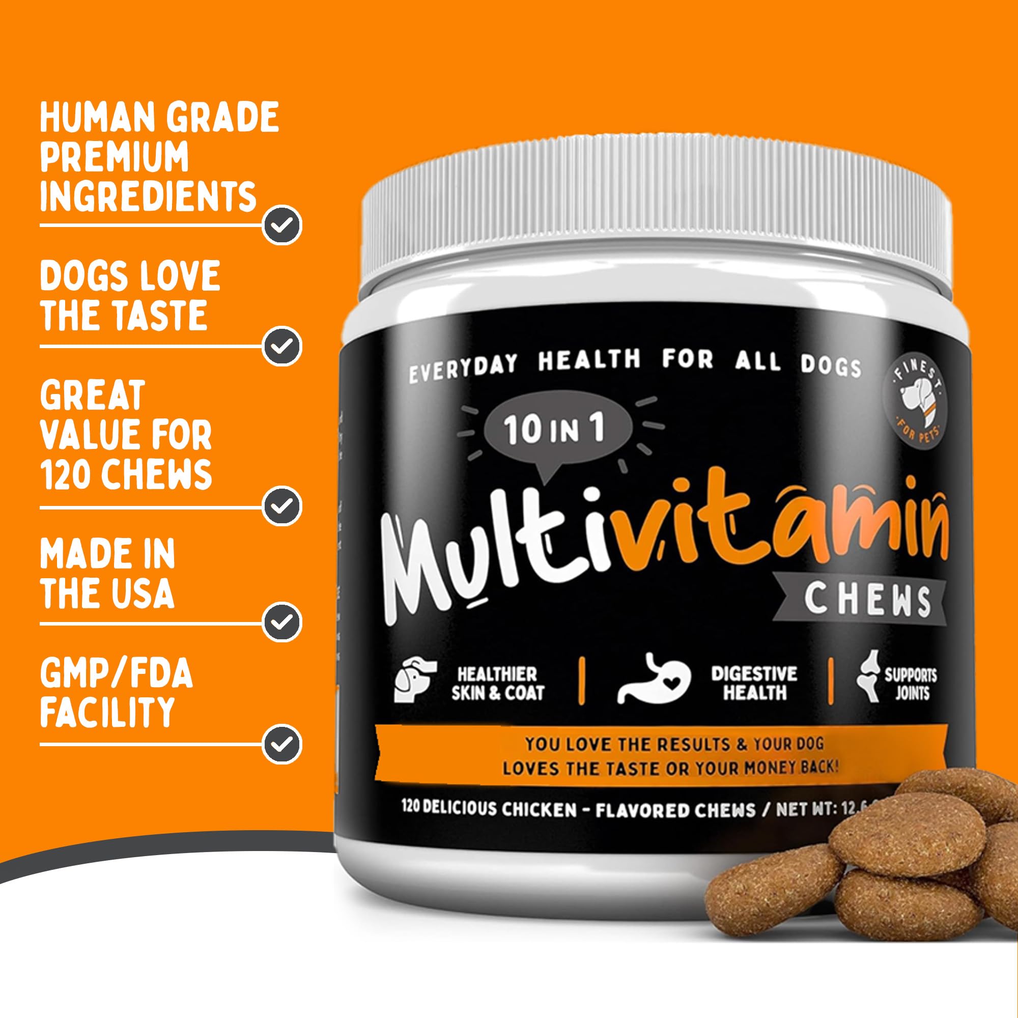 Jar of Finest For Pets multivitamin with 120 chews enabling long-term daily support