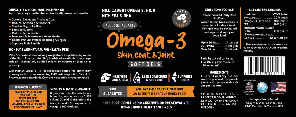 Refund policy note on Finest For Pets Omega 3 dog soft gels packaging.