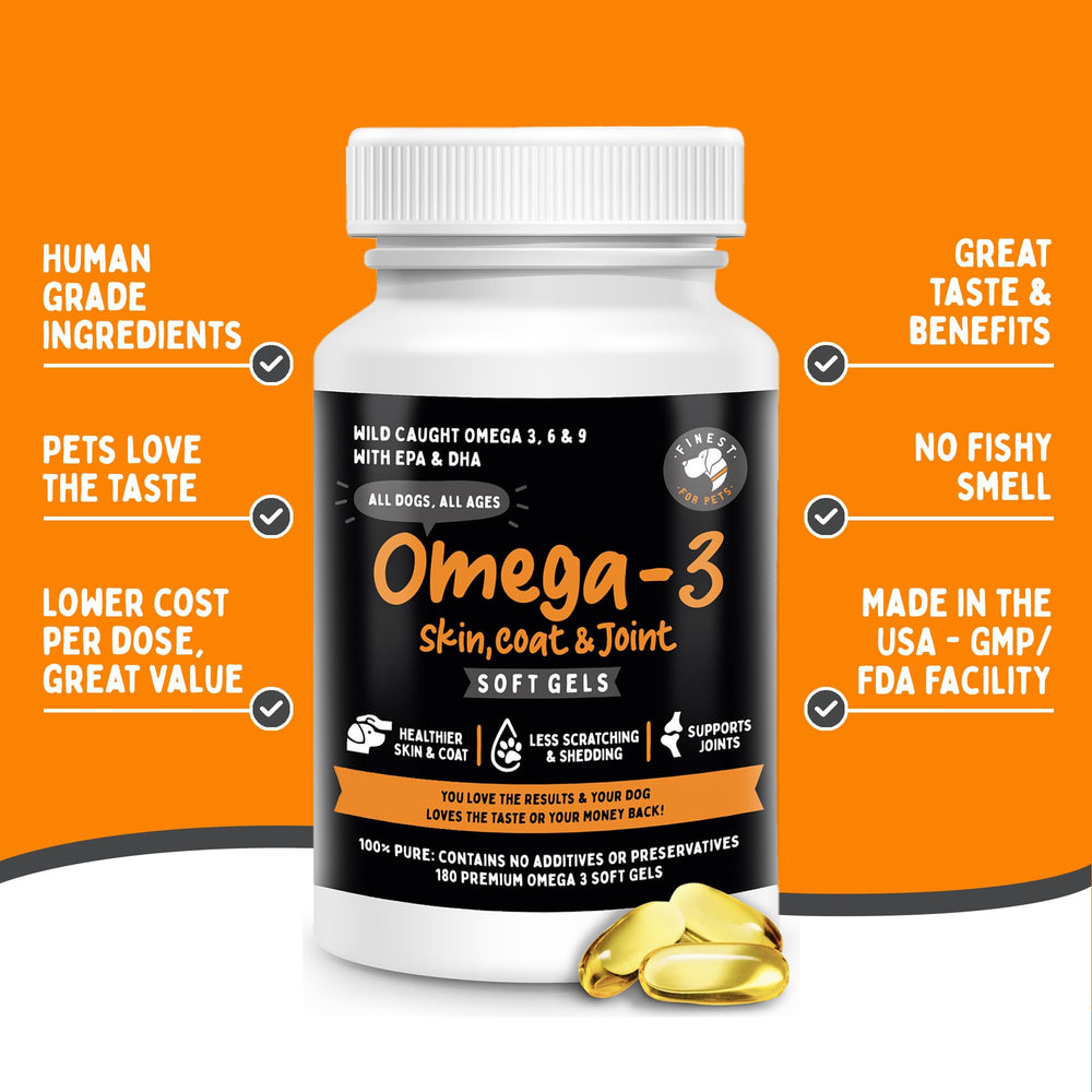 Close-up label of Finest For Pets Omega 3 dog soft gels showing ingredients.