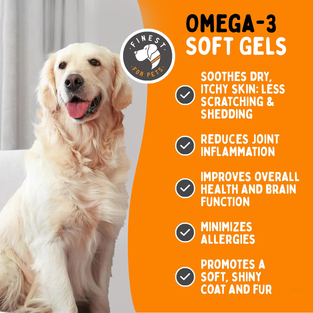Nutritional facts panel on Finest For Pets Omega 3 dog soft gels bottle.