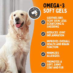 Nutritional facts panel on Finest For Pets Omega 3 dog soft gels bottle.