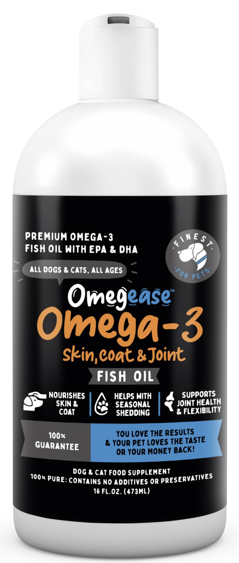 Finest For Pets Omegease bottle close-up showing pure fish oil for joints and coat health.