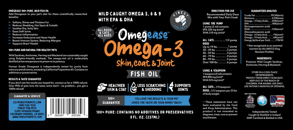 Finest For Pets Omegease unflavored oil dropper for easy pet supplementation.