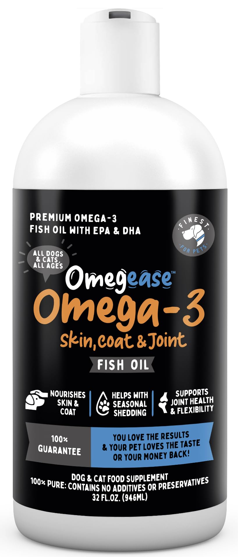 Finest For Pets Omegease fish oil bottle for dogs and cats with omega-3 support.