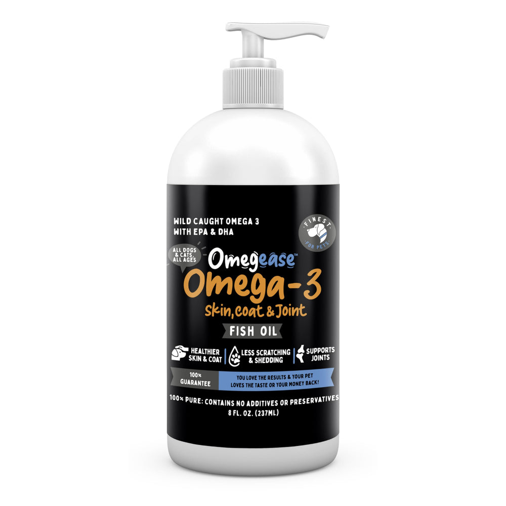 Finest For Pets Omegease fish oil bottle showing omega-3 for joints and coat health.