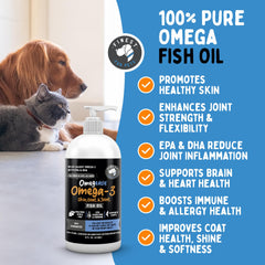 Finest For Pets Omegease bottle with pet, highlighting immune and heart health support.