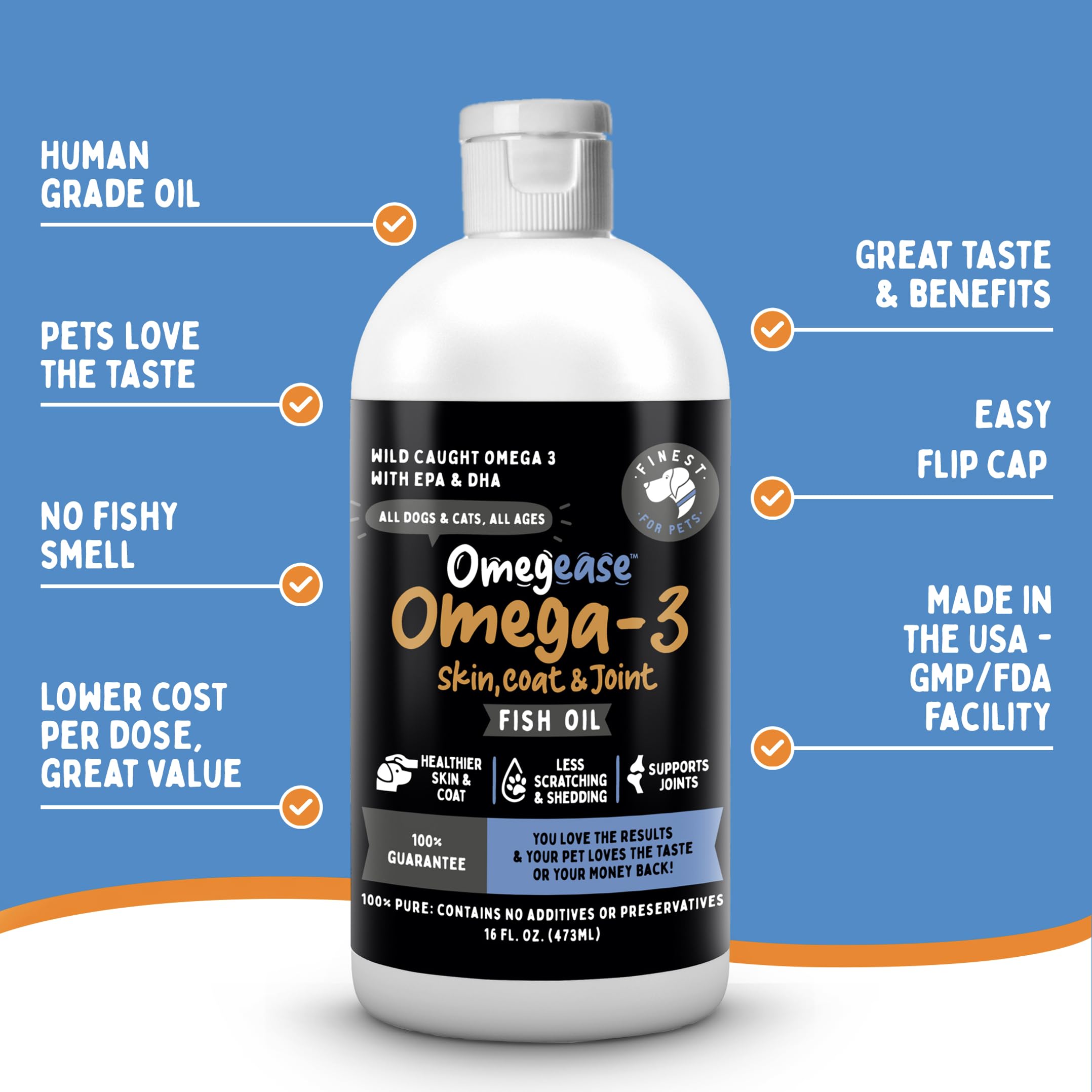 Omegease bottle being poured, demonstrating easy daily dosing for pets.