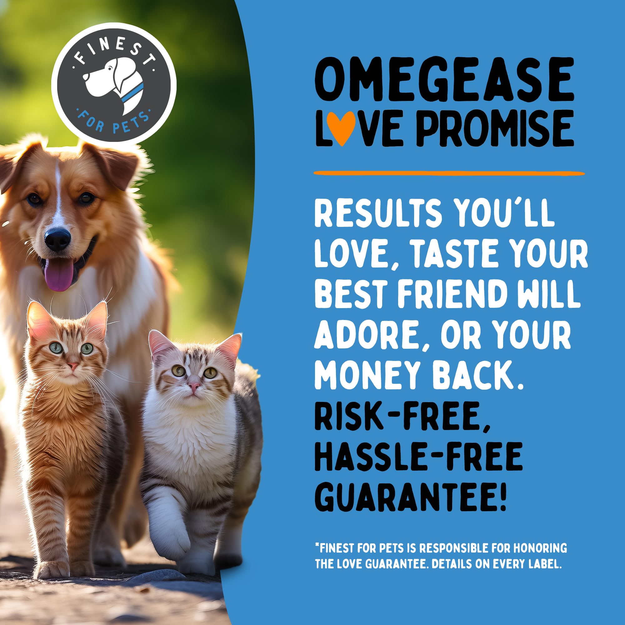 Finest For Pets Omegease with dog and cat paw prints implying joint and heart support.