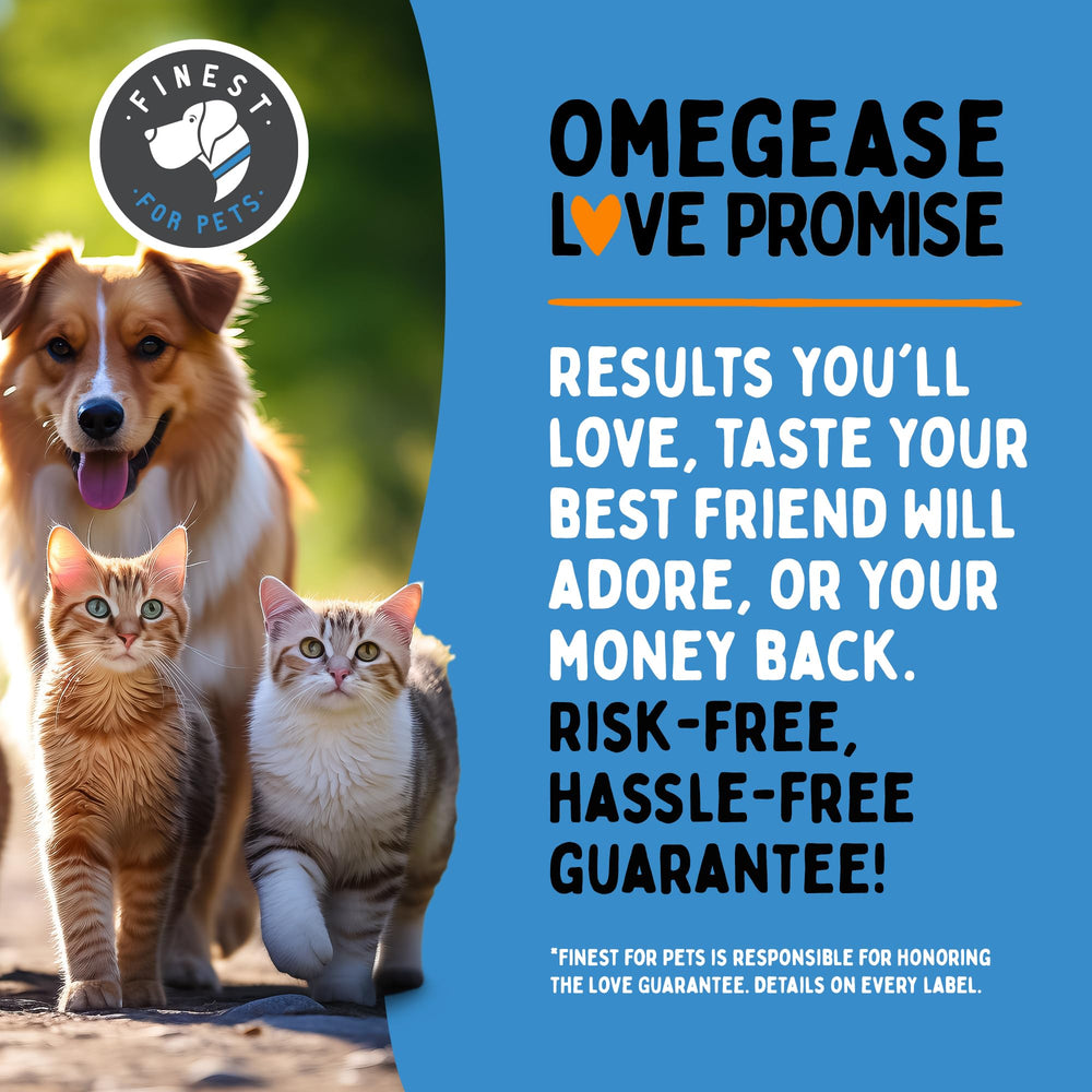 Finest For Pets Omegease with dog and cat paw prints implying joint and heart support.