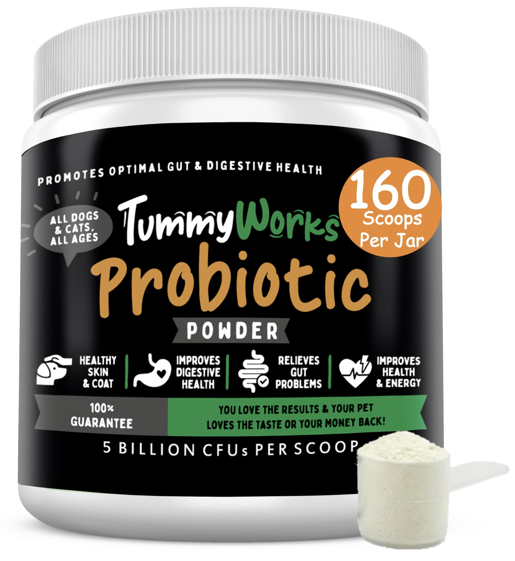 Finest For Pets TummyWorks probiotic bottle labeled for dogs and cats, showcasing quality packaging.