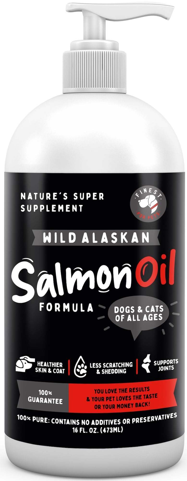 Finest For Pets Wild Alaskan Omega-3 oil bottle highlighting joint support and a shiny coat.