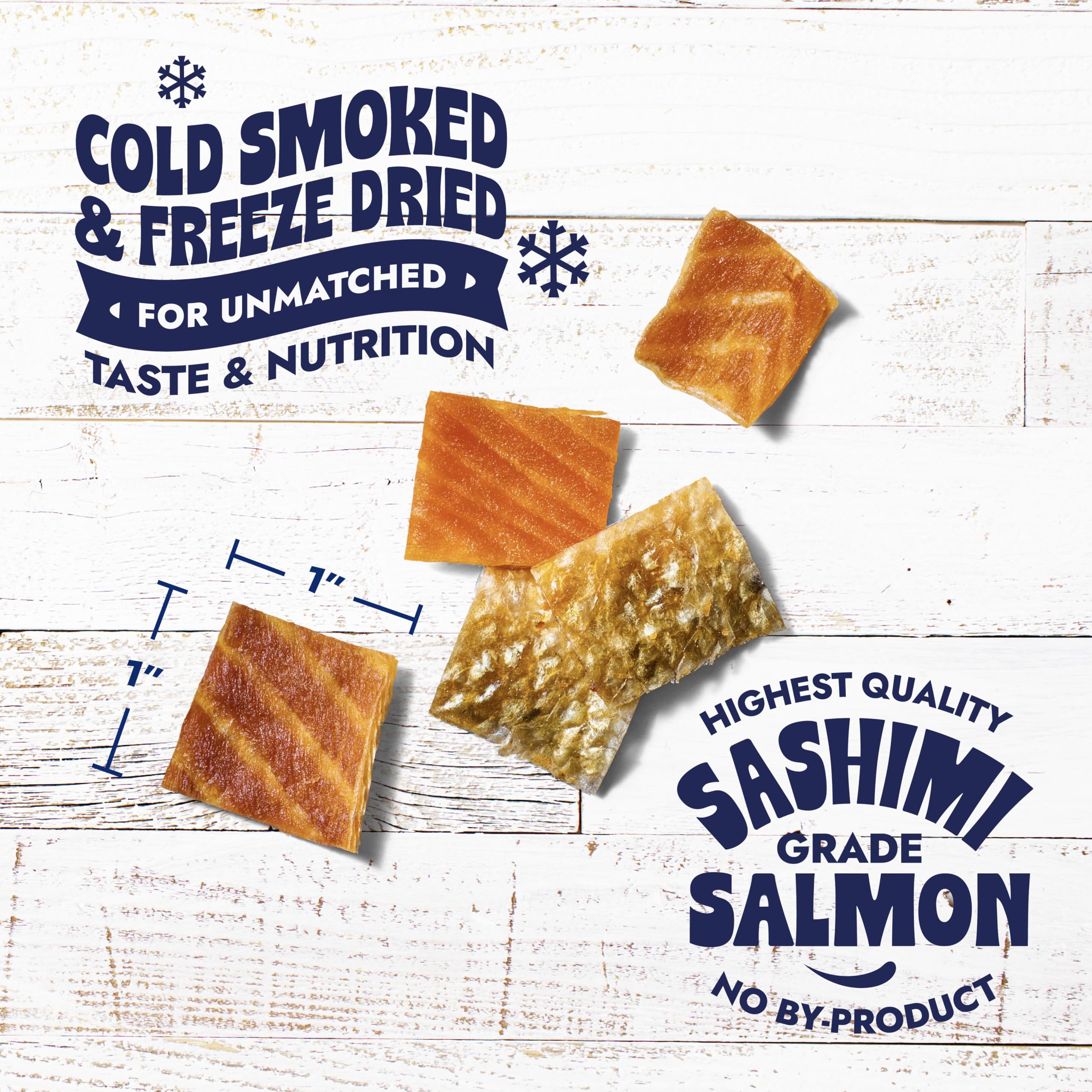 Finfare salmon skin bites, 1-inch each, ideal for high-value training rewards.