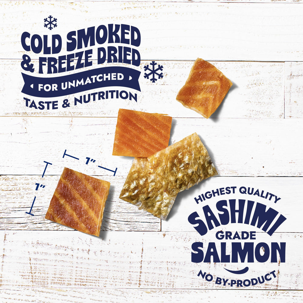 Finfare salmon skin bites, 1-inch each, ideal for high-value training rewards.