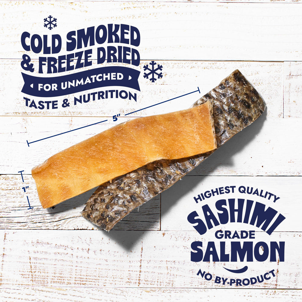 Close-up of Finfare salmon skin strips showing crisp texture for dogs.