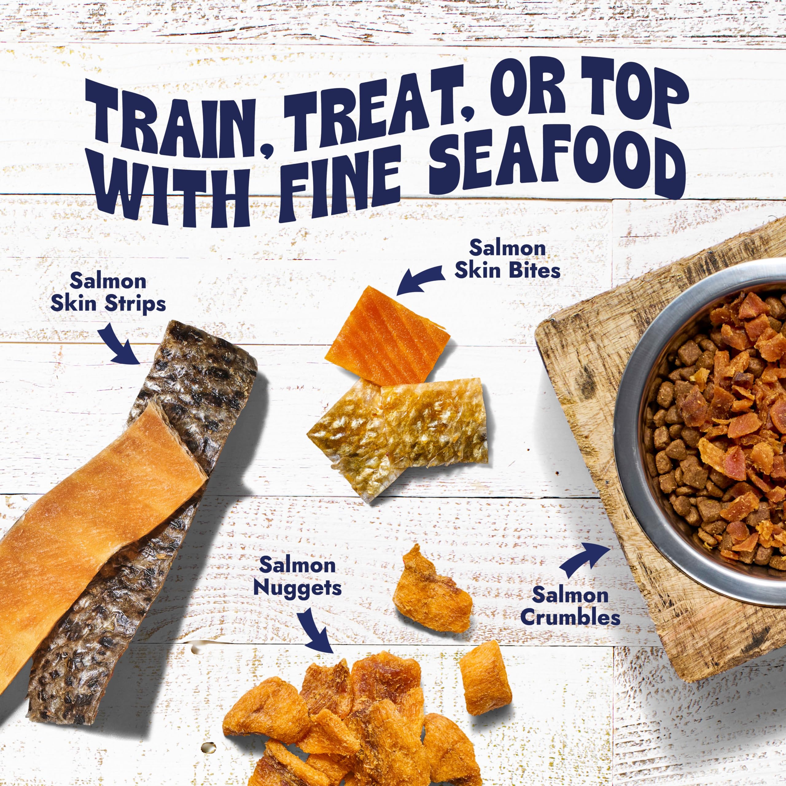 Dog chews Finfare salmon skin strips during training for high-value rewards.