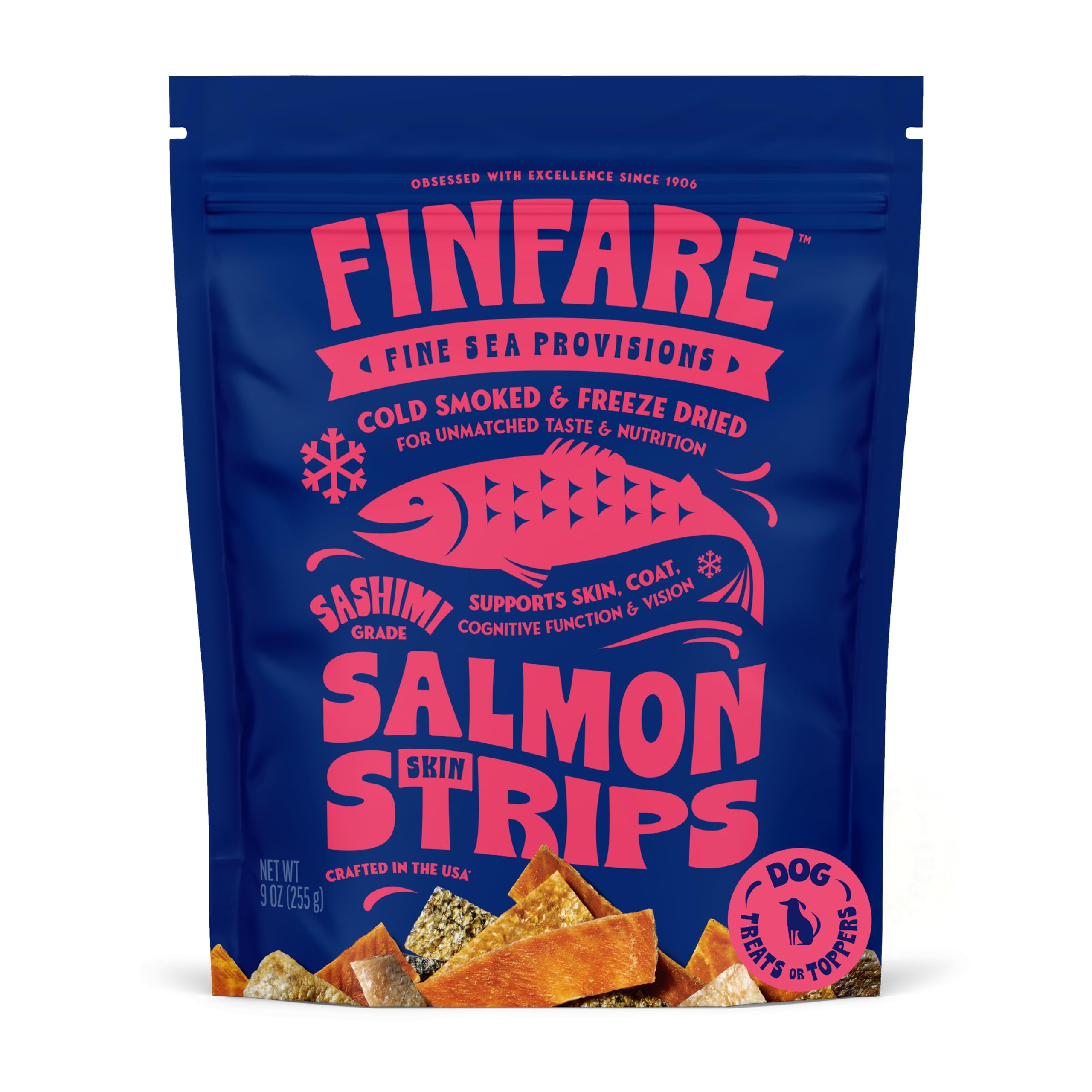 Finfare Freeze-Dried Salmon Skin Strips packaging highlights premium sourcing and USA craftsmanship.