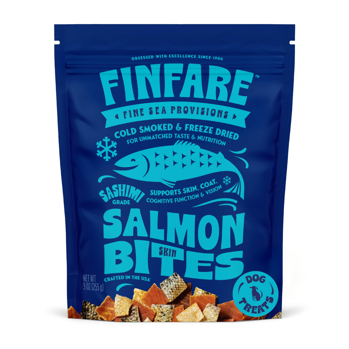 Finfare freeze-dried salmon skin treats for dogs with a crunchy, protein-packed bite.