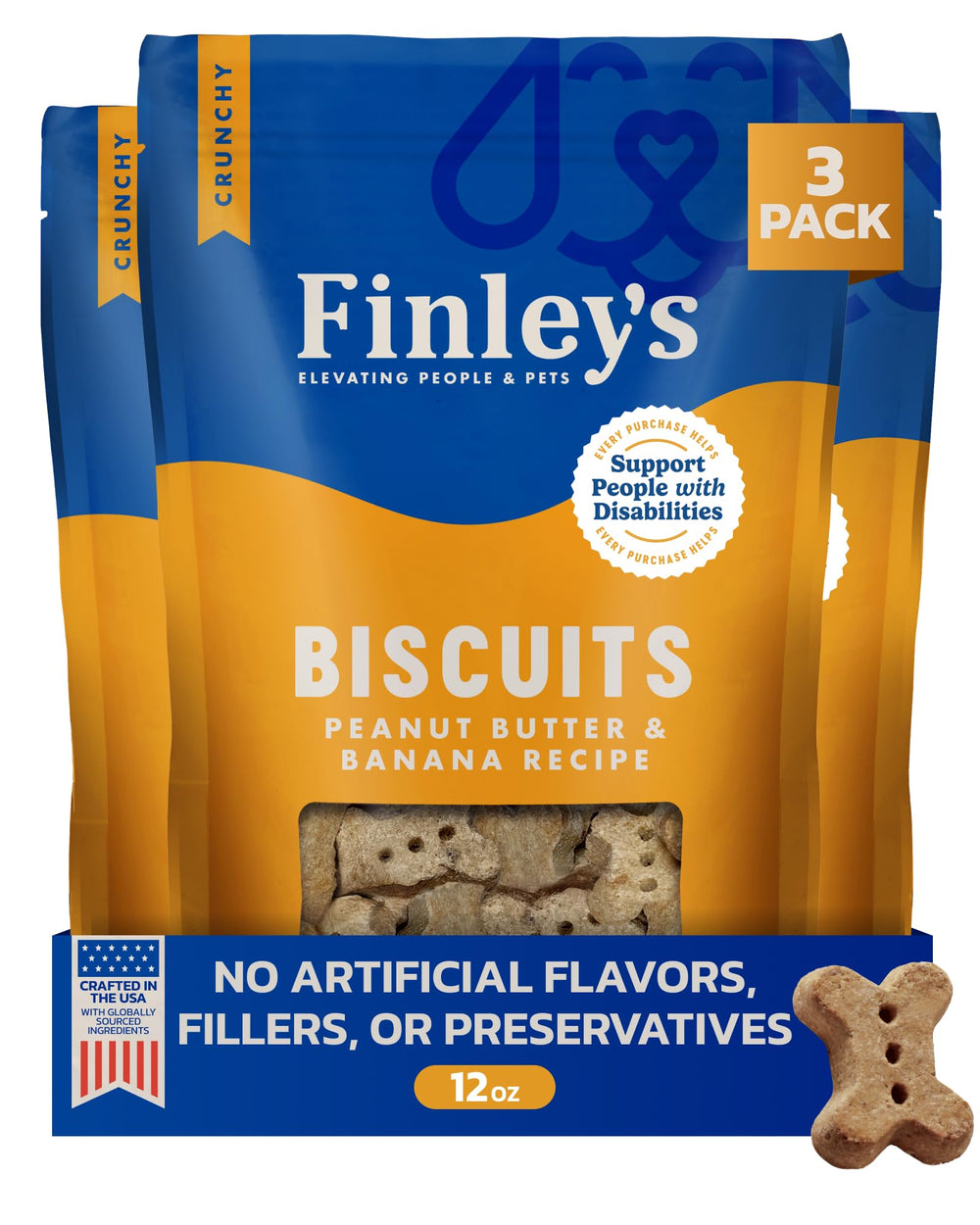 Finley’s Crunchy Biscuits packaging front shows a plant-based treat ideal for daily rewards