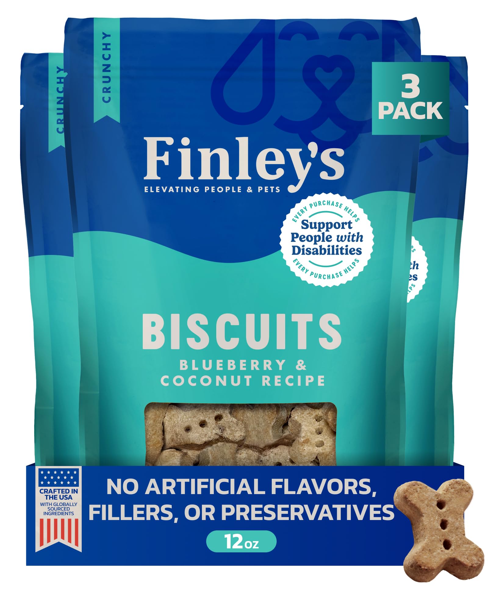 Finley’s packaging for blueberry coconut biscuits shows a wholesome daily reward for dogs.