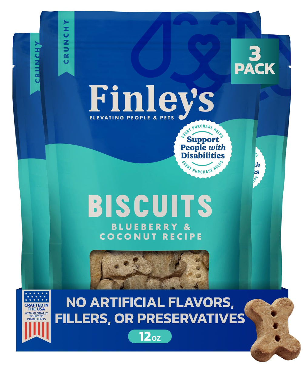 Finley’s packaging for blueberry coconut biscuits shows a wholesome daily reward for dogs.