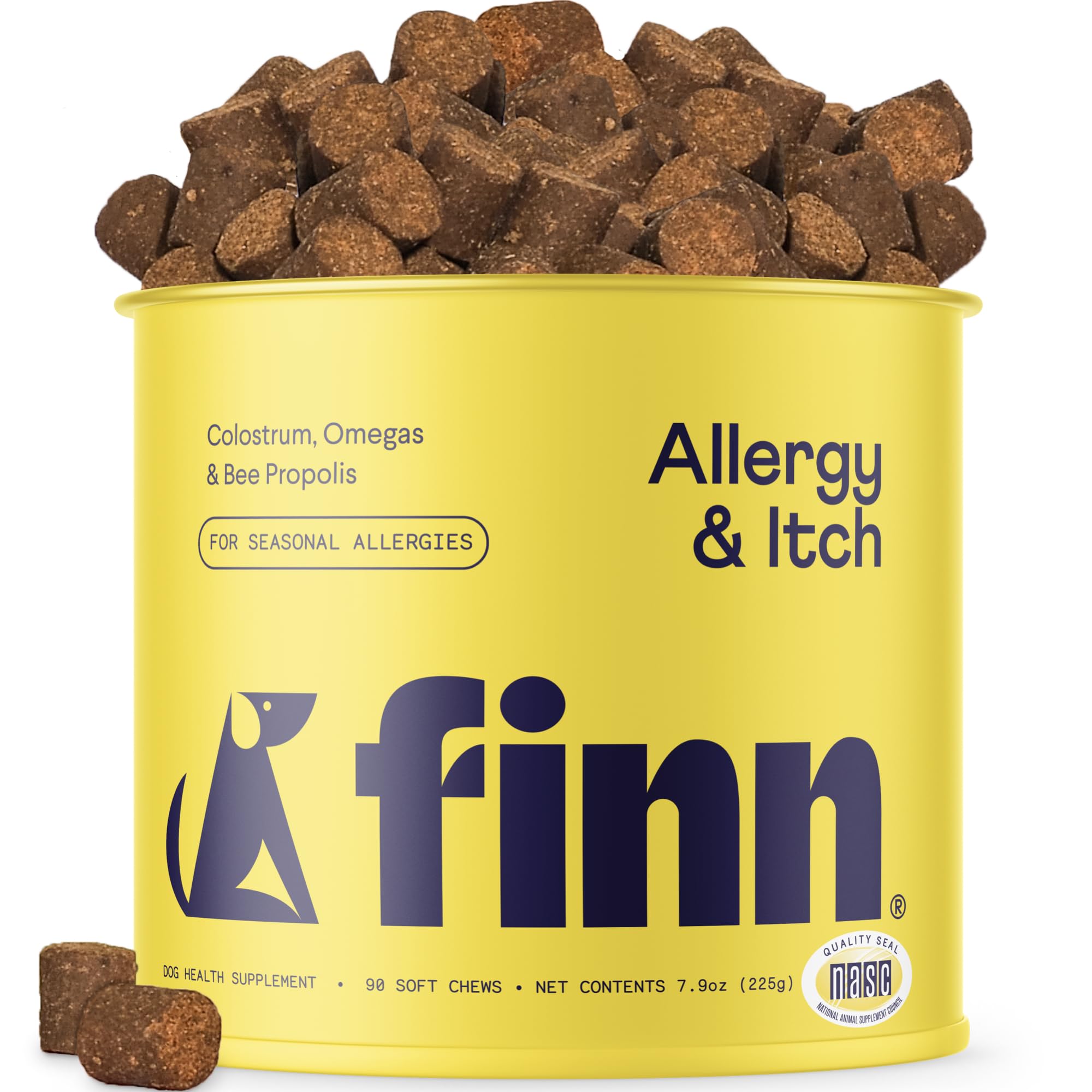 Finn Allergy & Itch bottle shows dog chews for seasonal itch relief and immune support.