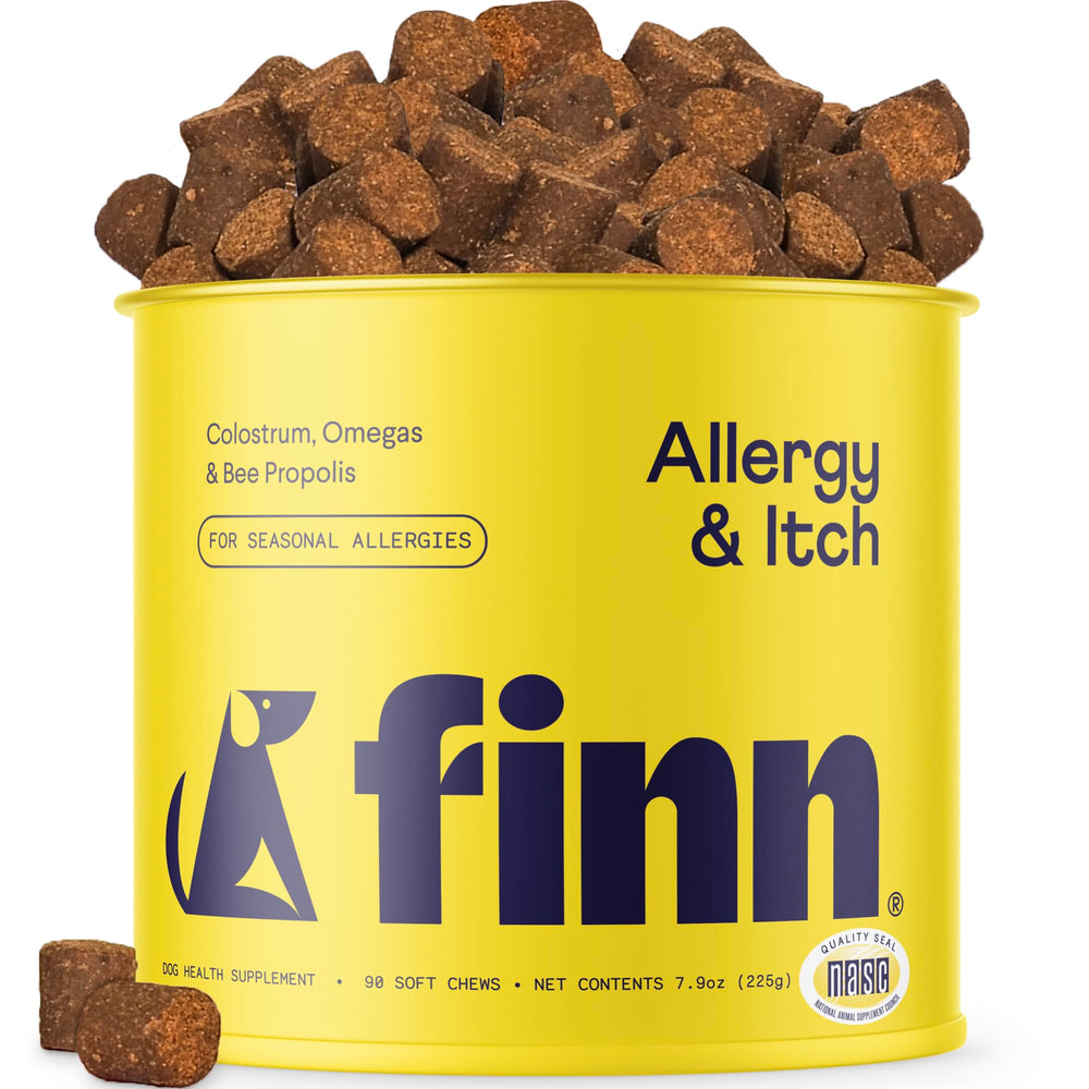 Finn Allergy & Itch bottle shows dog chews for seasonal itch relief and immune support.