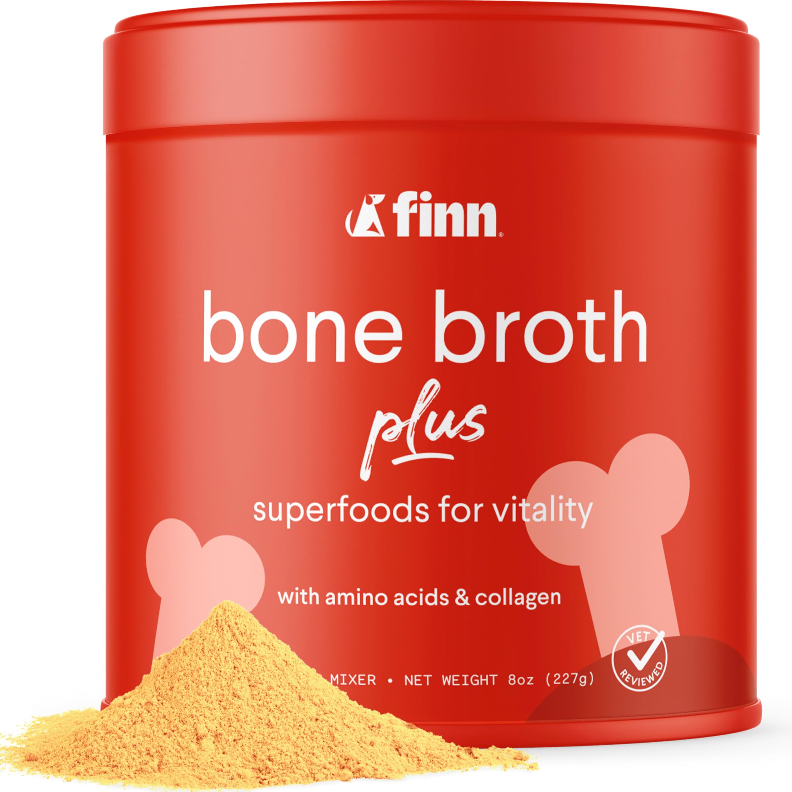 Finn Bone Broth Plus bottle-pour shows convenient serving for daily dog meals.